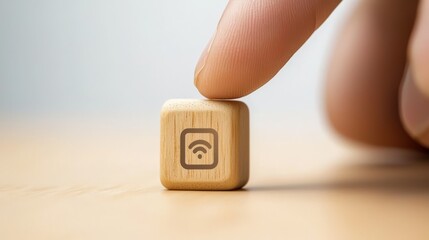 Hand activates wooden symbol cube, exploring interaction, tactile interfaces and symbolic activation in digital physical realms.