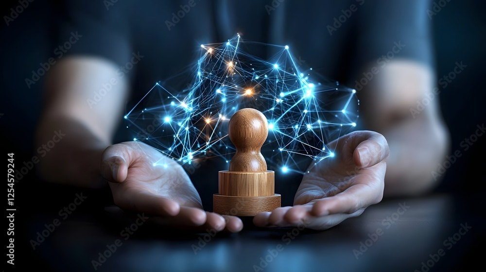 Poster close up image of a human hand carefully placing a wooden figure within a luminous futuristic digita