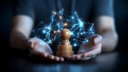 Close up image of a human hand carefully placing a wooden figure within a luminous futuristic digital network symbolizing the concepts of career growth teamwork and technological influence