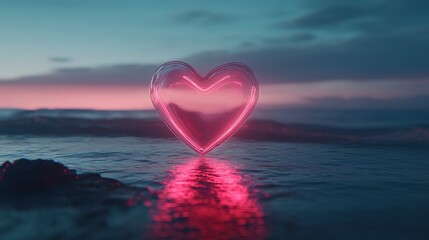 Neon Heart at Sunset: A Serene Coastal Scene