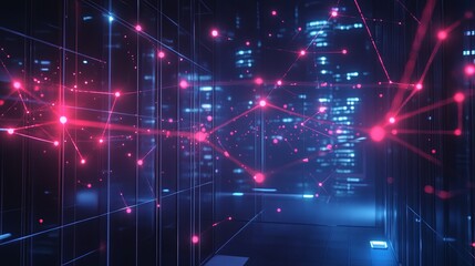 Obraz premium Business network, glowing nodes, teamwork, modern office digital