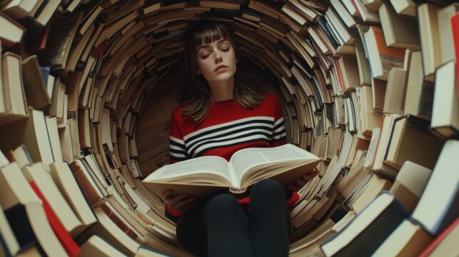 Young woman reading a book surrounded by a spiral of books in a cozy space