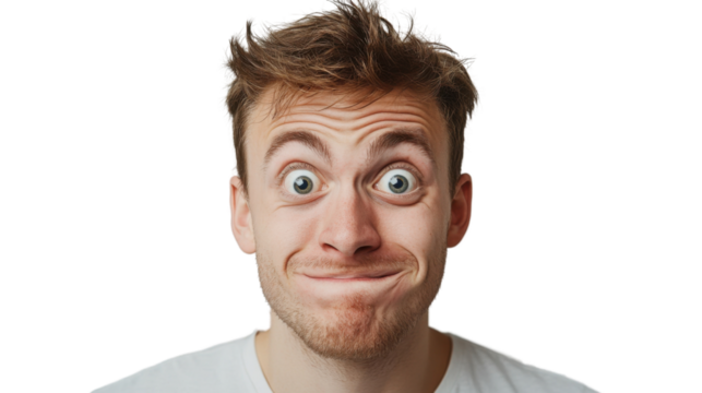 Portrait of excited man making funny face on transparent background