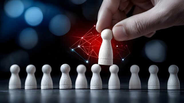 Surreal imagery of a hand carefully positioning a wooden figure in a high tech digital environment with pulsating neon energy links surrounding the figure representing teamwork career advancement