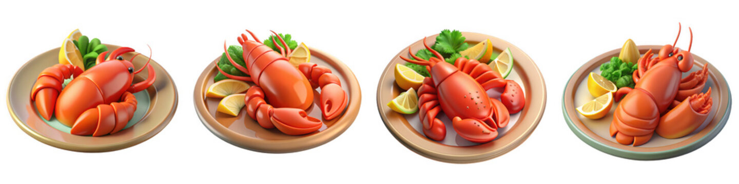 PNG 3d collection of lobster, in cartoon style minimal on transparent background, isolate