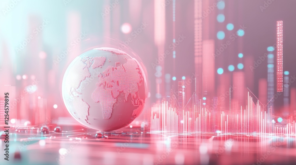 Poster a stylized globe rests on a digital surface, surrounded by colorful data visualizations, symbolizing