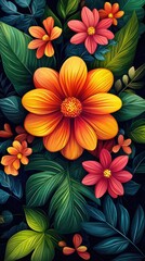 Vibrant floral arrangement featuring various flowers and lush green leaves against a dark backdrop