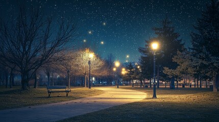Tranquil Night Scene in a Park with Stars and Street Lamps