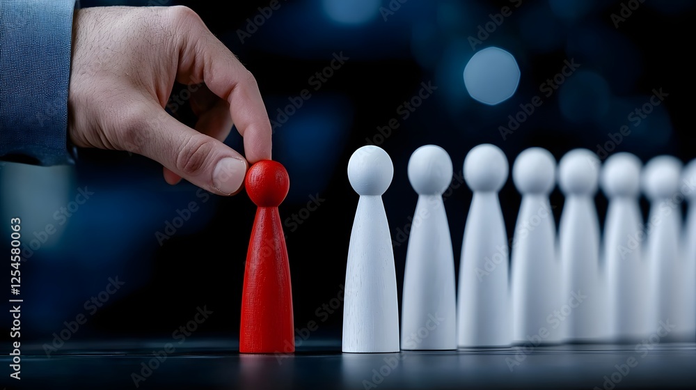 Poster close up of a guiding hand carefully placing a single red wooden figure in front of a structured lin