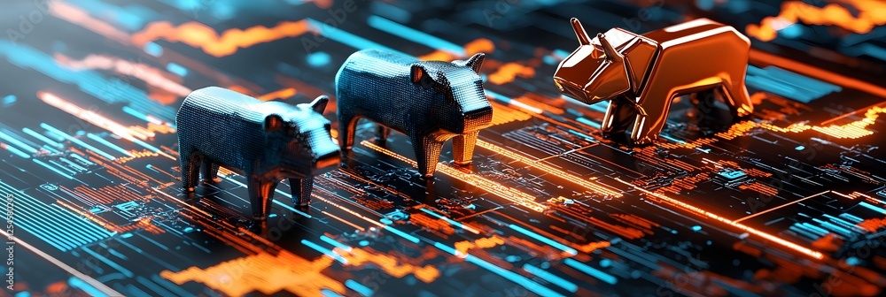 Aufkleber dynamic financial market trends with bullish and bearish icons displayed on a futuristic digital dat
