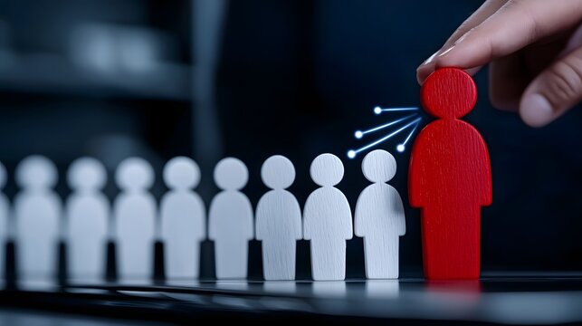 Surreal digital visualization depicting a red wooden figure standing out among a group of white wooden figures representing leadership strategic guidance and the path to success through vision