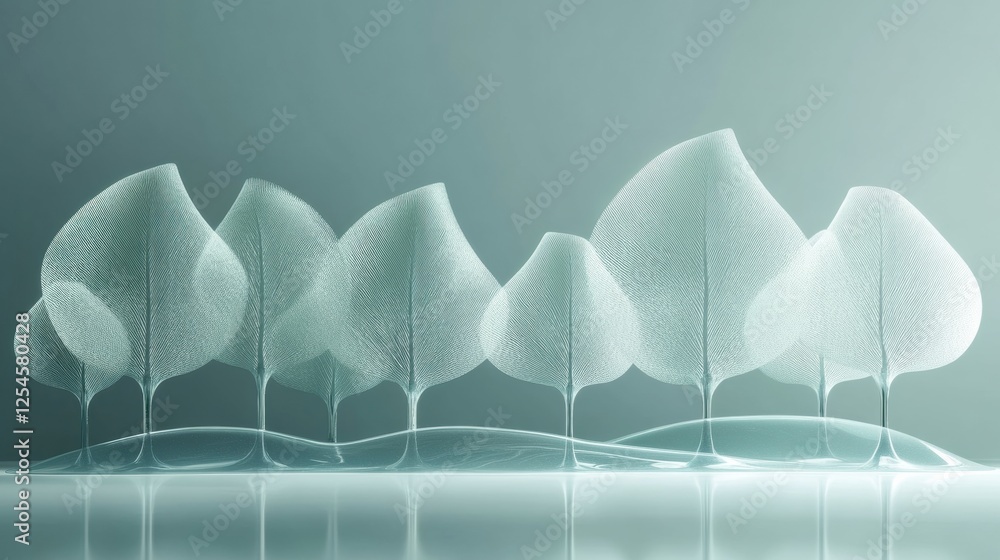 Poster glowing reflections in a glass forest with abstract tree shapes creating a serene atmosphere at dusk