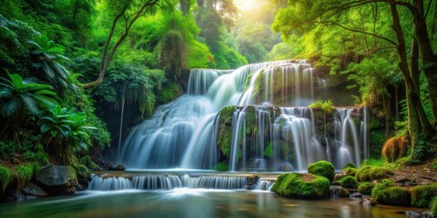 Waterfall cascade in dense forest, greenery and foliage, forests, outdoor scenery,  forests