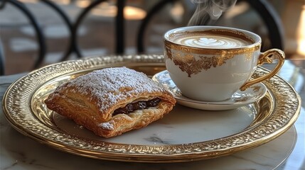 A beautifully arranged pastry with powdered sugar beside a steaming cup of coffee on an ornate tray