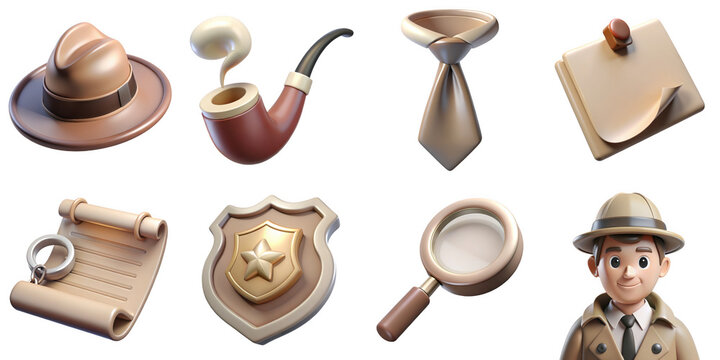 PNG 3d collection of detective, in cartoon style minimal on transparent background, isolate