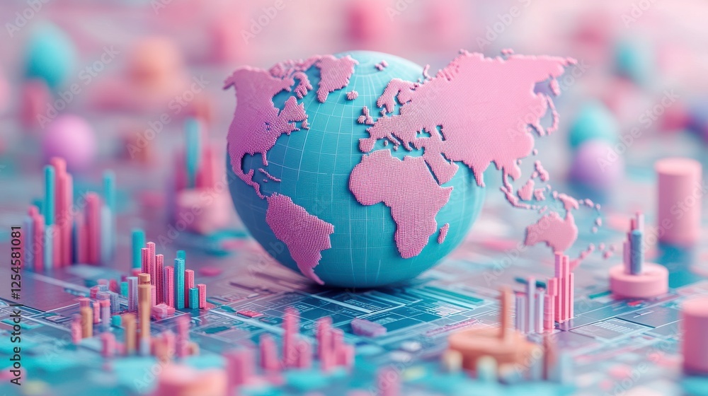 Poster a vibrant globe sits on a digital landscape, with colorful graphs and data points illustrating globa