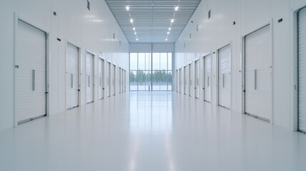 Empty modern warehouse corridor with large windows