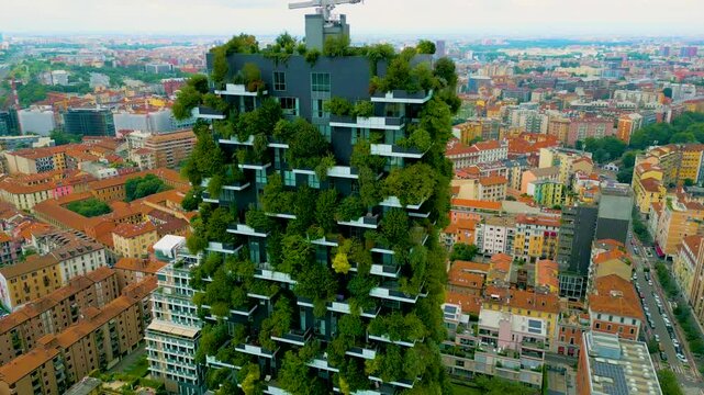 4K Aerial Drone Video of the Bosco Verticale Forest Building in Milan, Italy on a Summer Day