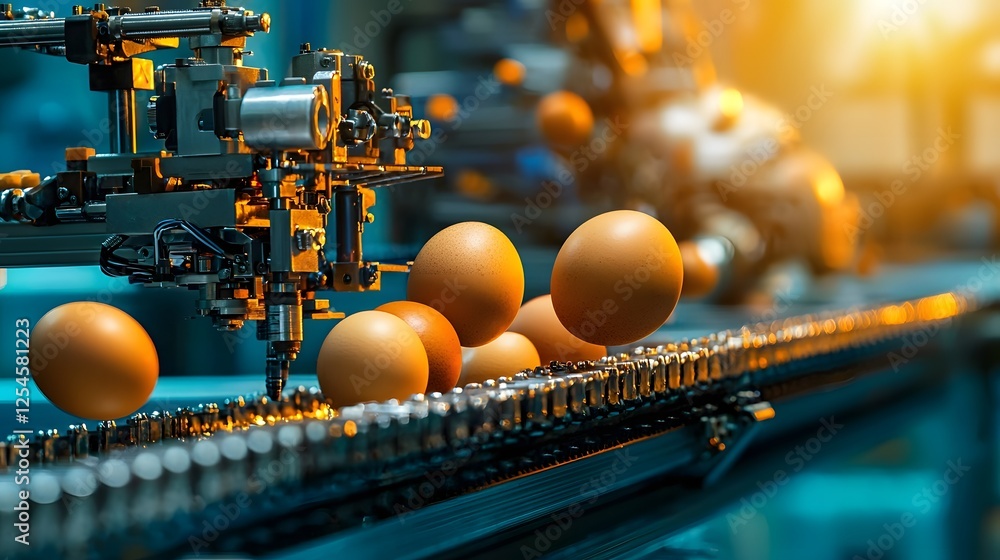Poster eggs traveling along a conveyor belt through an automated control station in a modern industrial foo