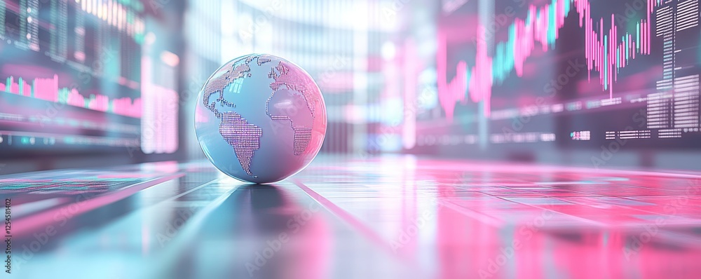 Poster a futuristic globe sits on a digital surface, surrounded by glowing data visualizations and graphs, 