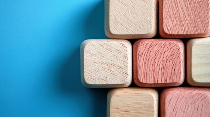 Fototapeta premium Abstract Composition of Wooden Blocks in Pastel Tones on Blue Background