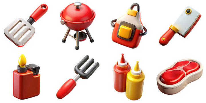 PNG 3d collection of BBQ Party, in cartoon style minimal on transparent background, isolate