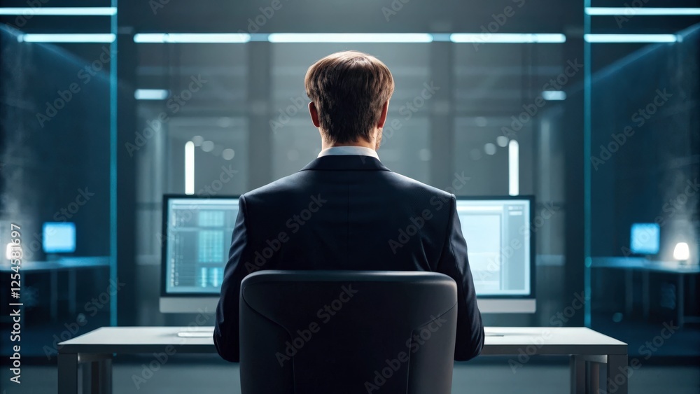 Poster a businessman sits at his desk, focused on his work. the light shines from the windows behind him, i