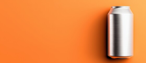 A sleek aluminum can resting on a vibrant orange background, perfect for beverage marketing and design.