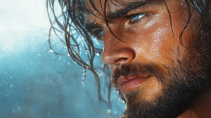 A close-up of a young man's intense gaze with wet skin and hair captured under bright lighting in a cinematic style. Generative AI
