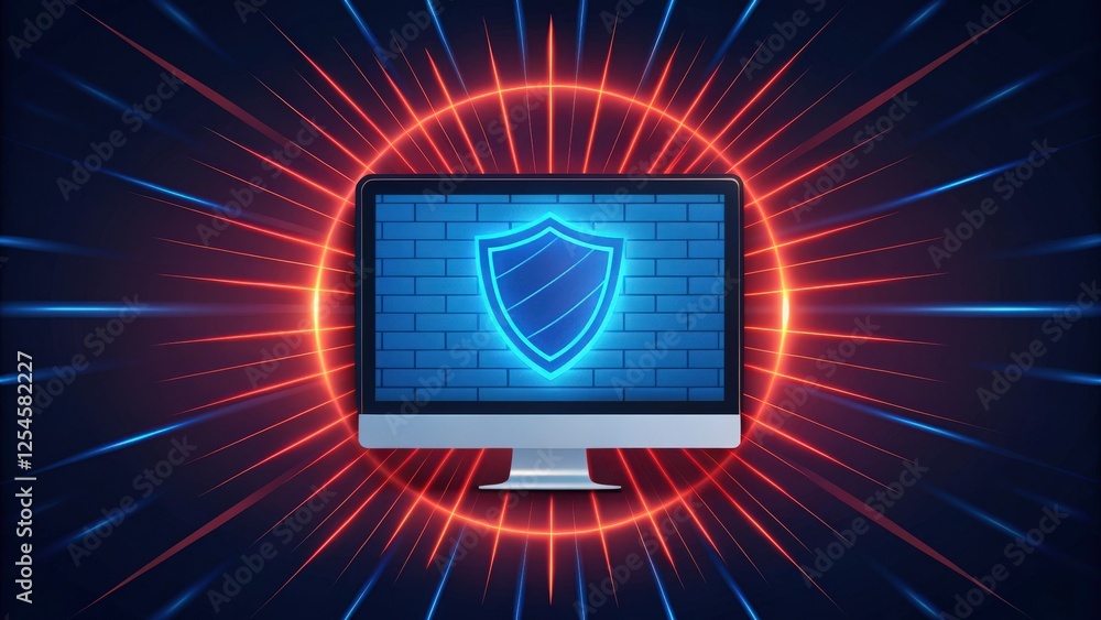 Poster a glowing blue shield on a computer screen. the shield is an illustration of security, symbolizing s