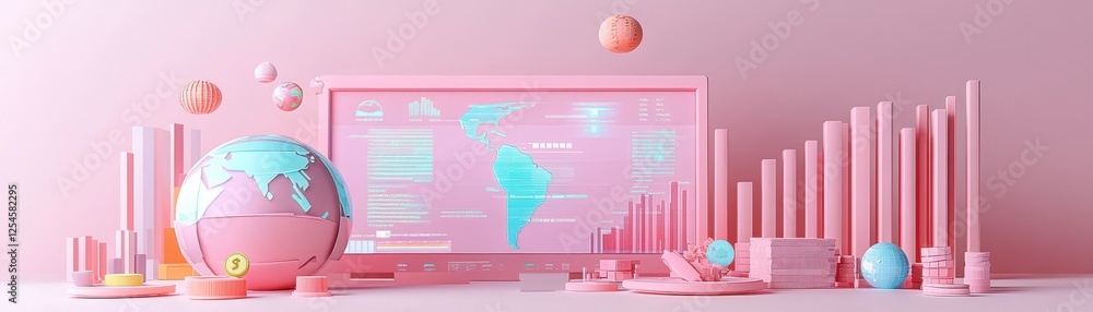 Poster a vibrant pink-themed digital workspace featuring a globe, graphs, and floating spheres, representin