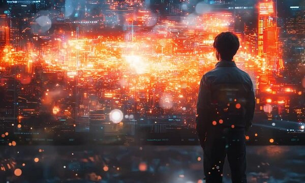 Futuristic Legal Assistant Analyzing Business Risks with Glowing Visuals of Liability Scenarios