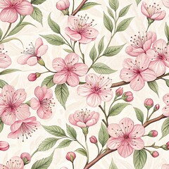 Seamless pattern, pattern, watercolor, watercolor large pink sakura flowers on white background, botanical style