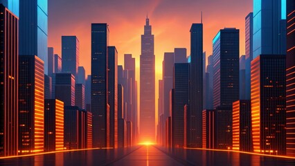 Fototapeta premium futuristic city skyline at sunset, warm light illuminates the skyscrapers. the scene evokes a sense of modern progress and ambition