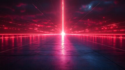 Fiery red laser beams converging into a single radiant point
