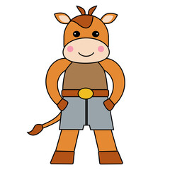 Smiling cartoon cow with black spots. Vector illustration.