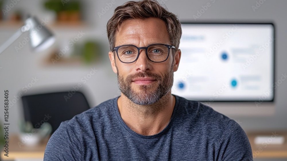 Poster tech entrepreneur hosting live webinar presentation in office setup with computer webcam and whitebo