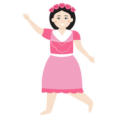 Woman in a pink dress with floral headband. Vector illustration.