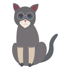 Gray cat with round glasses sitting. Vector illustration.