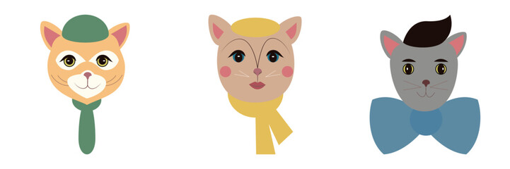 Three cats with unique accessories, showcasing fun and modern designs.