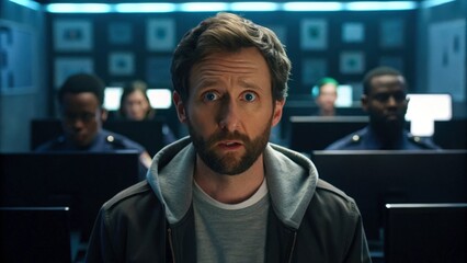 a man with a beard, wearing a hoodie, looks intensely into the camera, surrounded by computer monitors.  In the background, other people are working in front of their computer screens.