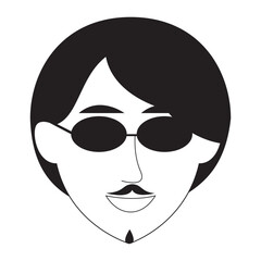 Black and white illustration of a man with sunglasses and mustache.