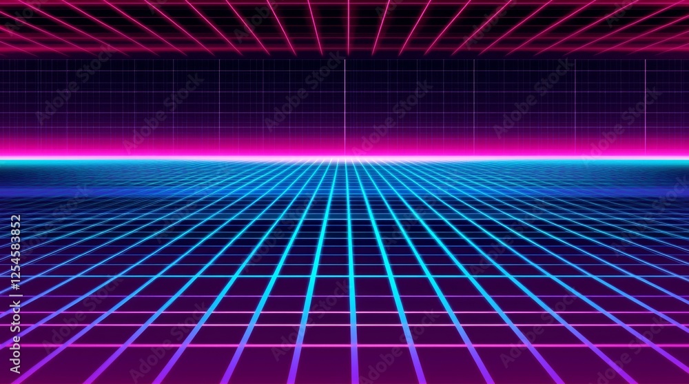 Poster vibrant neon grid landscape with retro futuristic elements in dark background for creative design pr