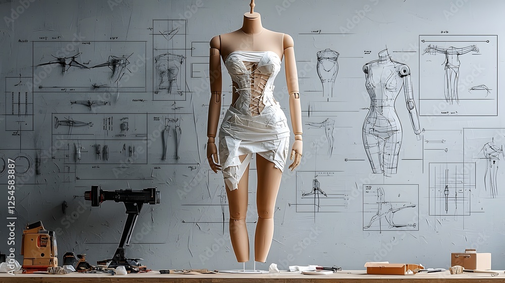 Fototapete fashion design concept showcasing the creative process of draping fabric on a mannequin to shape the