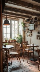 Obraz premium Cozy and Rustic Interior of a Charming Cafe with Natural Light