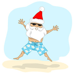 Santa Claus resting at sea resort. Banner for design. Banner with Santa Claus