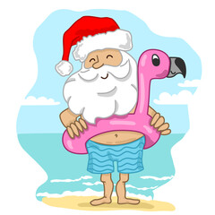 Santa Claus wearing flamingo swim ring. Tropical Christmas. Vector illustration. Tropical Christmas and Happy New Year in a warm climate design. Summer Santa