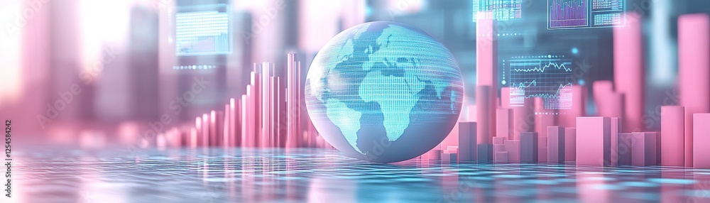 Poster a futuristic depiction of a globe surrounded by digital graphs and data, symbolizing global finance 