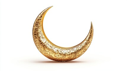 Elegant golden moon with Islamic motifs, isolated on a clean white background, symbolizing Ramadan