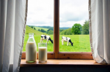 Rustic wooden window with glass bottle and milk glass on the sill, view of green meadow with cows outside, countryside charm